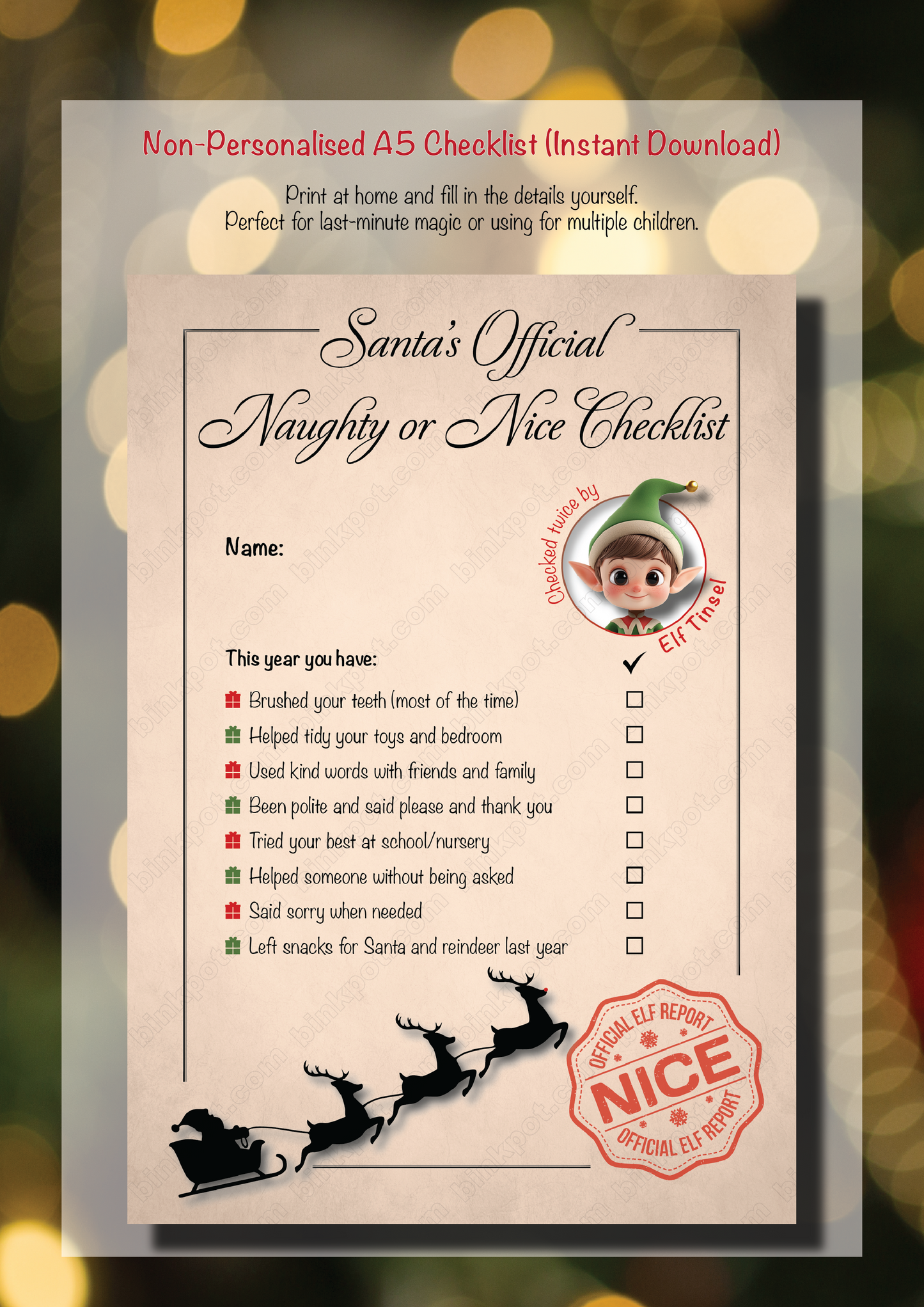Santa’s Official Naughty or Nice Checklist | A5 | Instant PDF Download, Personalised Download or Personalised Print