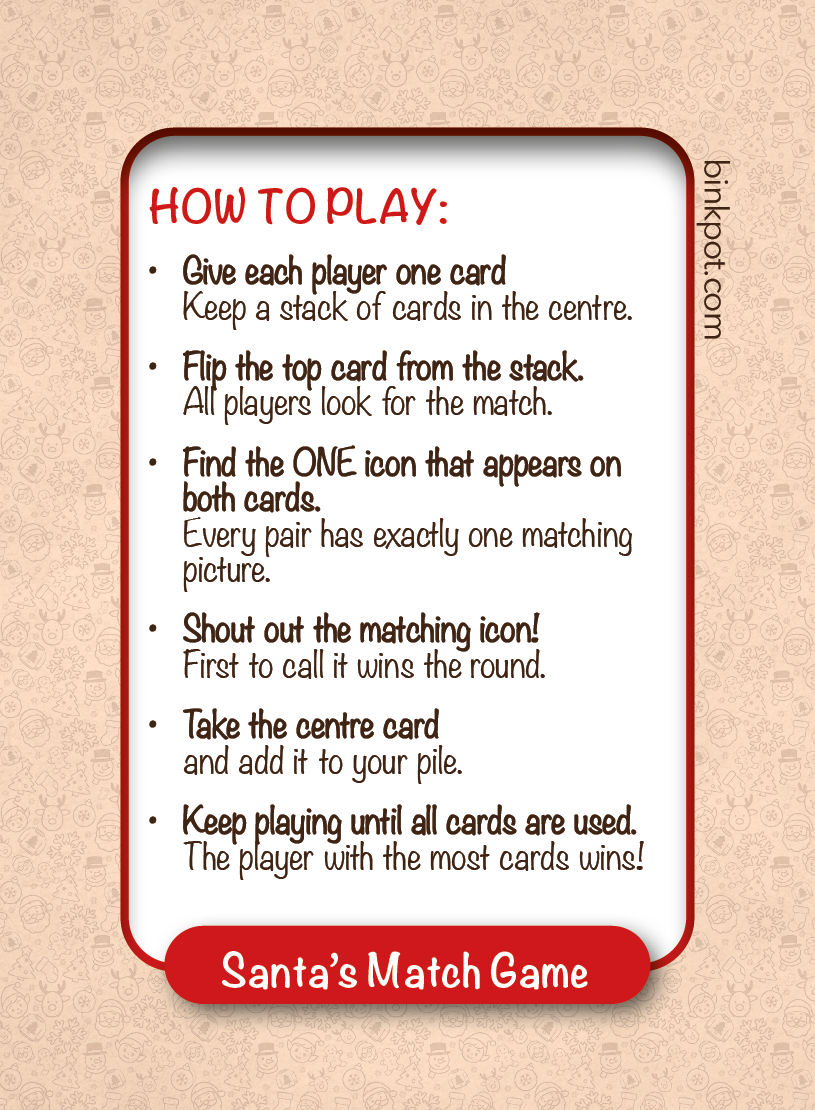 Santa’s Match Game | Family Christmas Card Game | Instant Download or Print